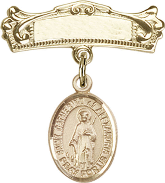 14kt Gold Baby Badge with St. Catherine of Alexandria Charm and Arched Polished Badge Pin
