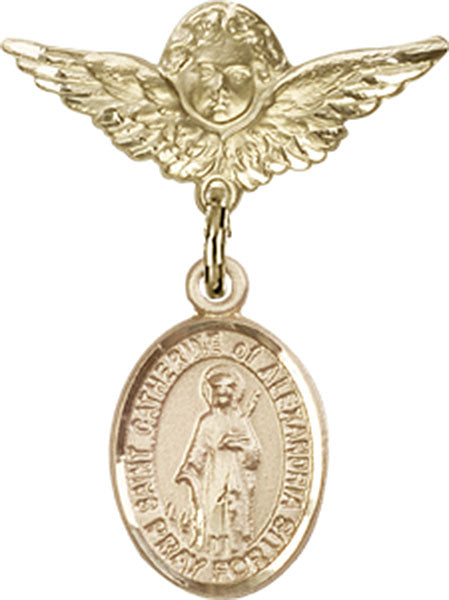 14kt Gold Baby Badge with St. Catherine of Alexandria Charm and Angel w/Wings Badge Pin