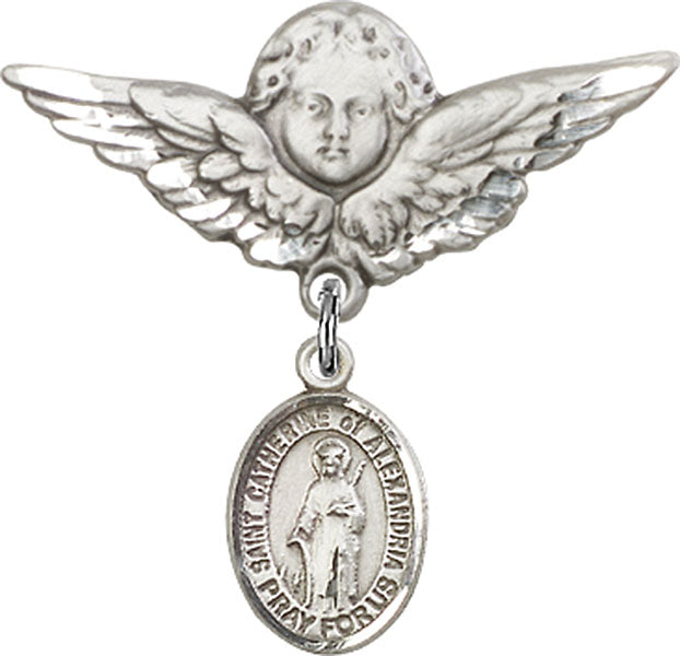Sterling Silver Baby Badge with St. Catherine of Alexandria Charm and Angel w/Wings Badge Pin