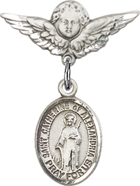 Sterling Silver Baby Badge with St. Catherine of Alexandria Charm and Angel w/Wings Badge Pin