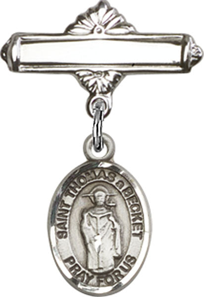 Sterling Silver Baby Badge with St. Thomas A Becket Charm and Polished Badge Pin