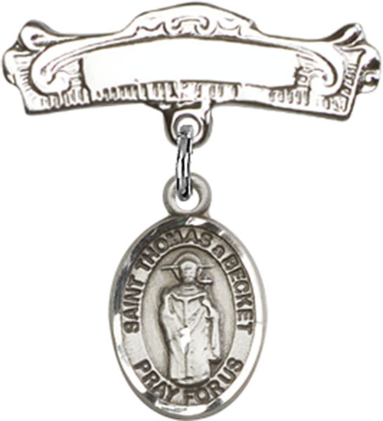Sterling Silver Baby Badge with St. Thomas A Becket Charm and Arched Polished Badge Pin