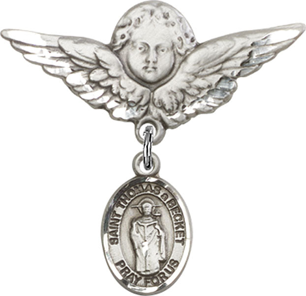 Sterling Silver Baby Badge with St. Thomas A Becket Charm and Angel w/Wings Badge Pin