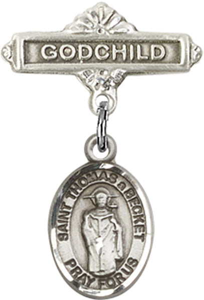 Sterling Silver Baby Badge with St. Thomas A Becket Charm and Godchild Badge Pin