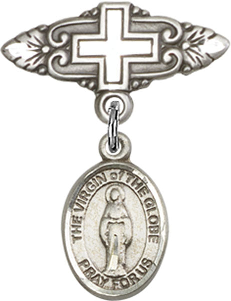 Sterling Silver Baby Badge with Virgin of the Globe Charm and Badge Pin with Cross
