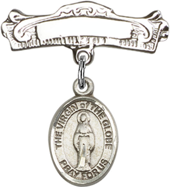 Sterling Silver Baby Badge with Virgin of the Globe Charm and Arched Polished Badge Pin