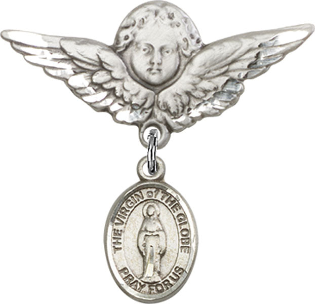 Sterling Silver Baby Badge with Virgin of the Globe Charm and Angel w/Wings Badge Pin