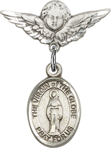 Sterling Silver Baby Badge with Virgin of the Globe Charm and Angel w/Wings Badge Pin