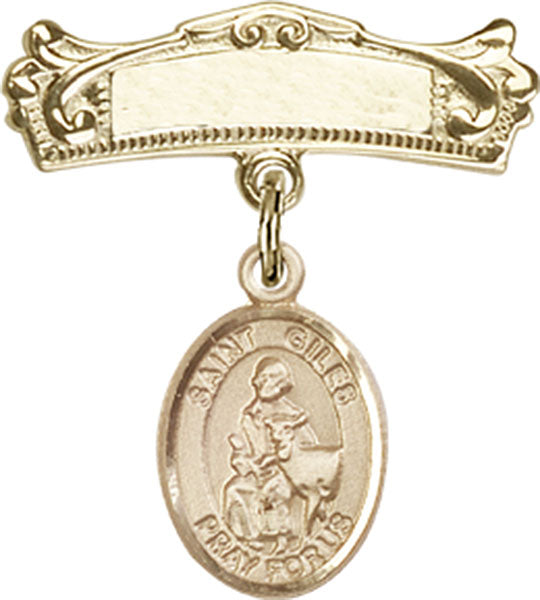 14kt Gold Filled Baby Badge with St. Giles Charm and Arched Polished Badge Pin