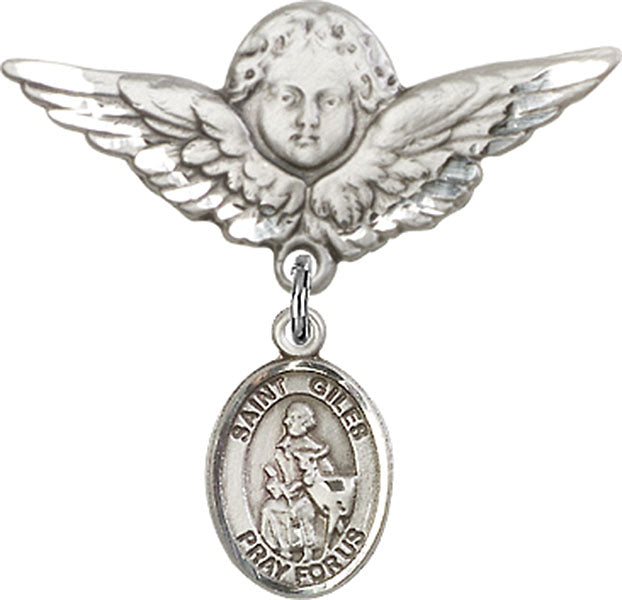 Sterling Silver Baby Badge with St. Giles Charm and Angel w/Wings Badge Pin