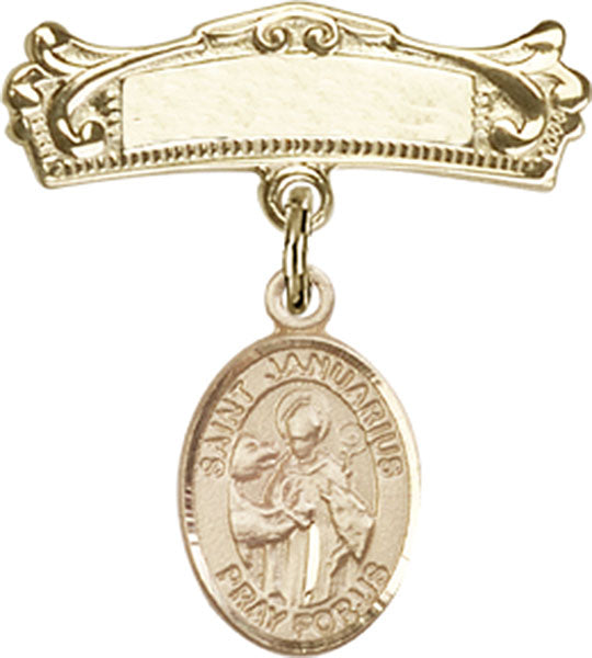 14kt Gold Filled Baby Badge with St. Januarius Charm and Arched Polished Badge Pin