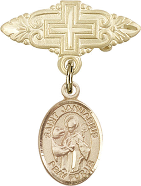 14kt Gold Baby Badge with St. Januarius Charm and Badge Pin with Cross