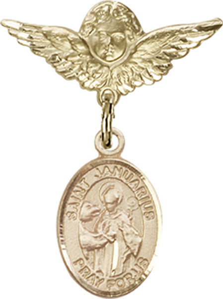 14kt Gold Baby Badge with St. Januarius Charm and Angel w/Wings Badge Pin