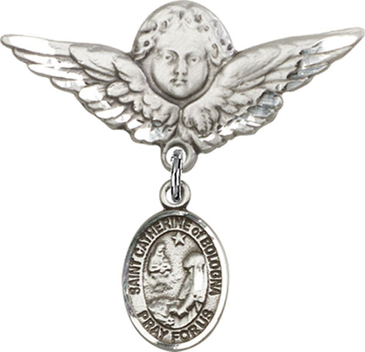 Sterling Silver Baby Badge with St. Catherine of Bologna Charm and Angel w/Wings Badge Pin