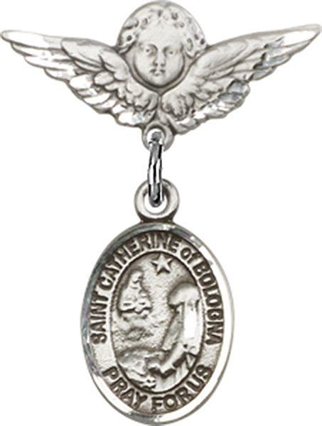 Sterling Silver Baby Badge with St. Catherine of Bologna Charm and Angel w/Wings Badge Pin