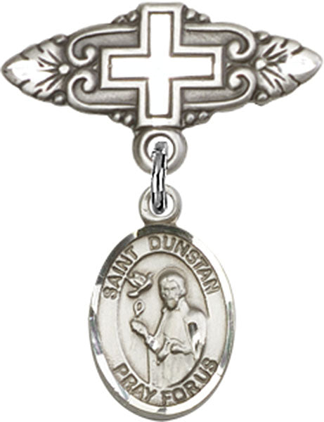 Sterling Silver Baby Badge with St. Dunstan Charm and Badge Pin with Cross