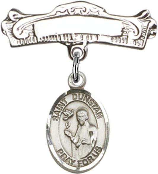 Sterling Silver Baby Badge with St. Dunstan Charm and Arched Polished Badge Pin