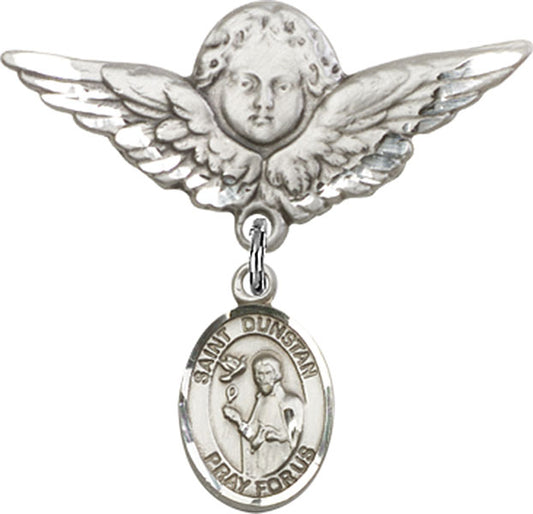 Sterling Silver Baby Badge with St. Dunstan Charm and Angel w/Wings Badge Pin