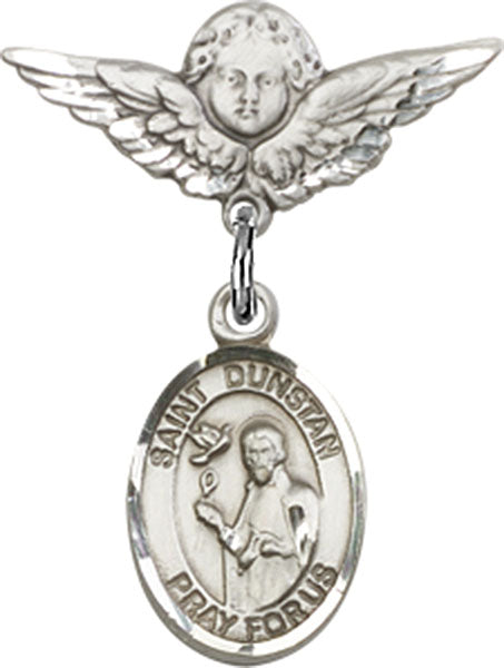 Sterling Silver Baby Badge with St. Dunstan Charm and Angel w/Wings Badge Pin