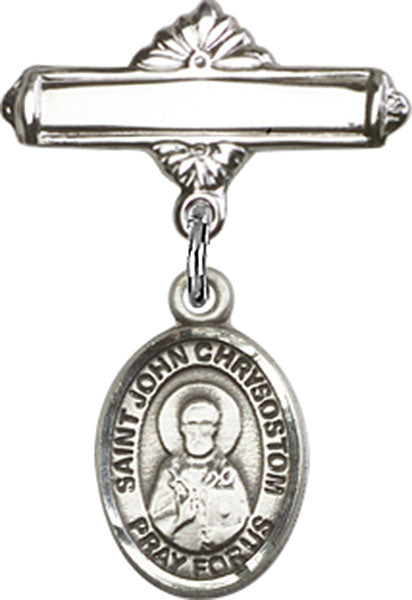 Sterling Silver Baby Badge with St. John Chrysostom Charm and Polished Badge Pin