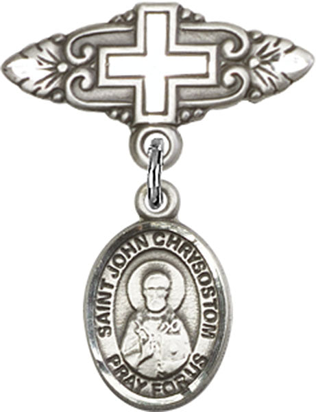 Sterling Silver Baby Badge with St. John Chrysostom Charm and Badge Pin with Cross