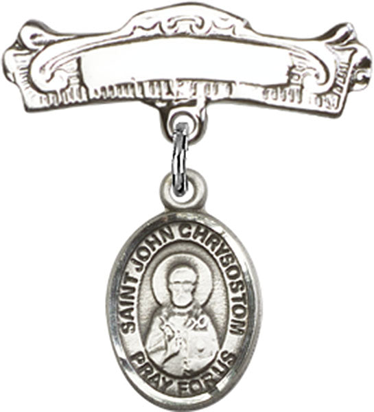 Sterling Silver Baby Badge with St. John Chrysostom Charm and Arched Polished Badge Pin