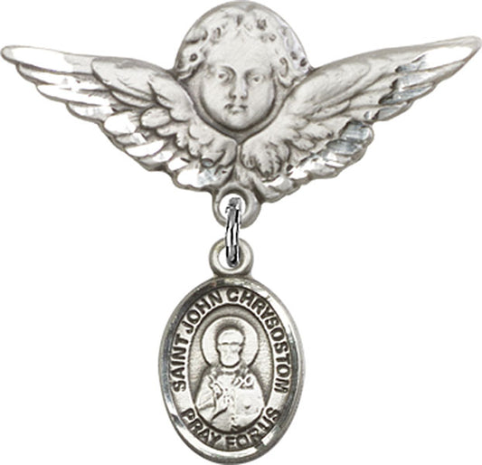 Sterling Silver Baby Badge with St. John Chrysostom Charm and Angel w/Wings Badge Pin