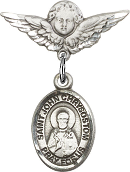 Sterling Silver Baby Badge with St. John Chrysostom Charm and Angel w/Wings Badge Pin