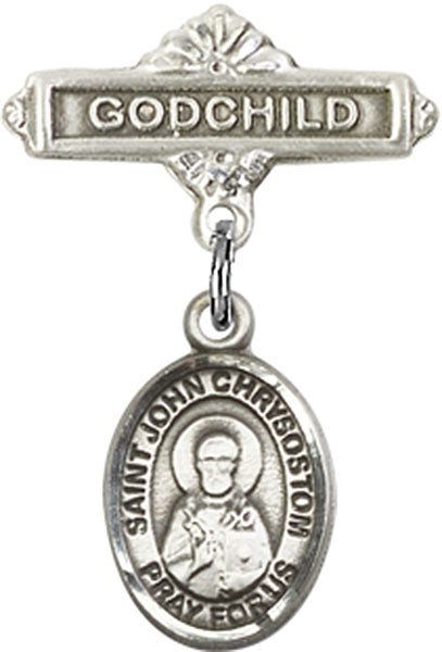 Sterling Silver Baby Badge with St. John Chrysostom Charm and Godchild Badge Pin