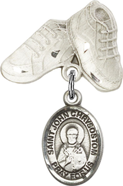 Sterling Silver Baby Badge with St. John Chrysostom Charm and Baby Boots Pin