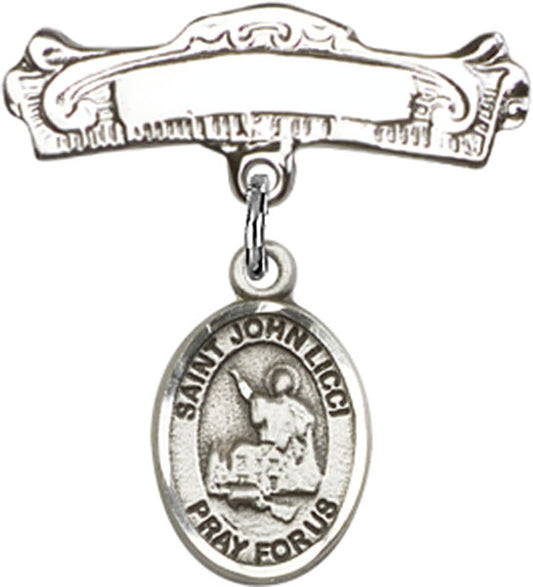 Sterling Silver Baby Badge with St. John Licci Charm and Arched Polished Badge Pin