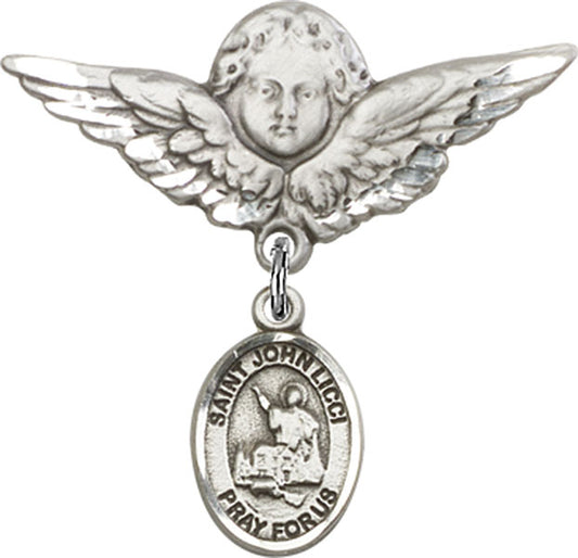 Sterling Silver Baby Badge with St. John Licci Charm and Angel w/Wings Badge Pin