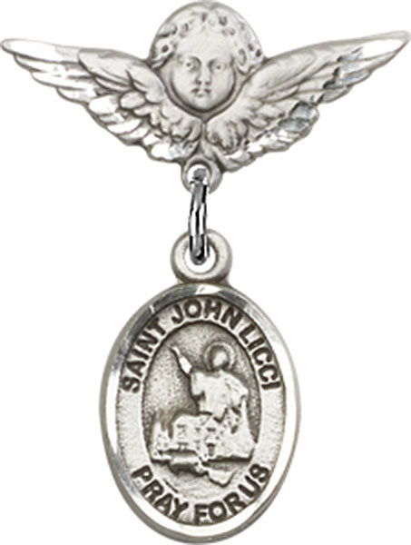 Sterling Silver Baby Badge with St. John Licci Charm and Angel w/Wings Badge Pin