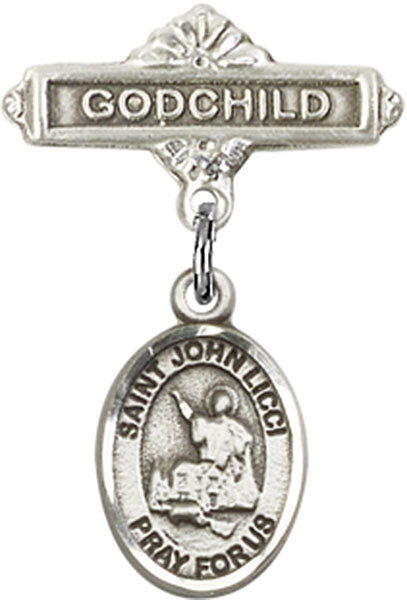 Sterling Silver Baby Badge with St. John Licci Charm and Godchild Badge Pin