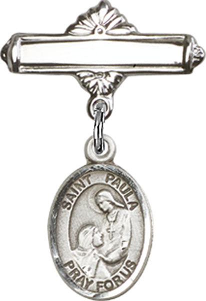 Sterling Silver Baby Badge with St. Paula Charm and Polished Badge Pin