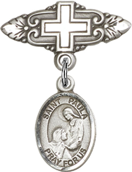 Sterling Silver Baby Badge with St. Paula Charm and Badge Pin with Cross