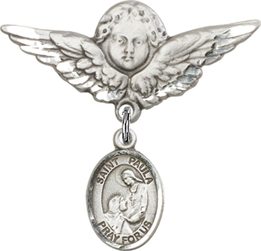 Sterling Silver Baby Badge with St. Paula Charm and Angel w/Wings Badge Pin