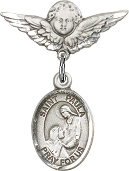 Sterling Silver Baby Badge with St. Paula Charm and Angel w/Wings Badge Pin