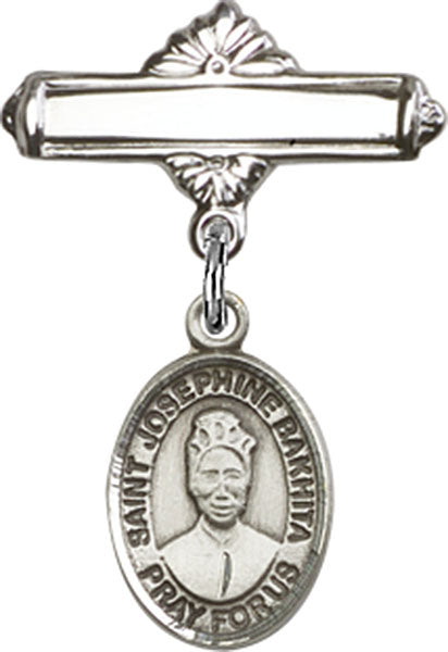 Sterling Silver Baby Badge with St. Josephine Bakhita Charm and Polished Badge Pin