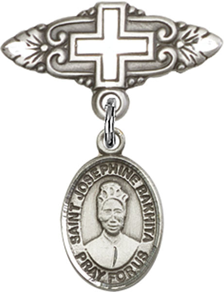 Sterling Silver Baby Badge with St. Josephine Bakhita Charm and Badge Pin with Cross