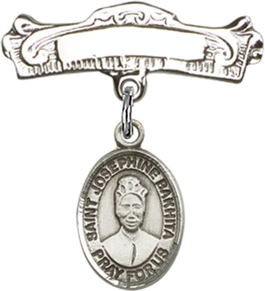 Sterling Silver Baby Badge with St. Josephine Bakhita Charm and Arched Polished Badge Pin