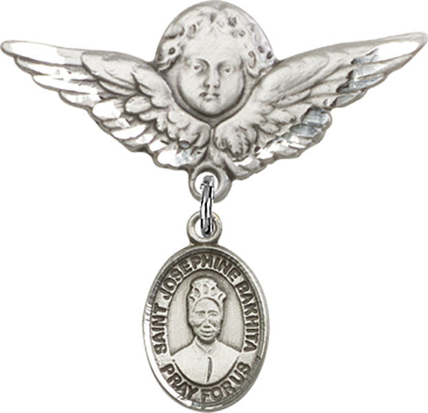 Sterling Silver Baby Badge with St. Josephine Bakhita Charm and Angel w/Wings Badge Pin