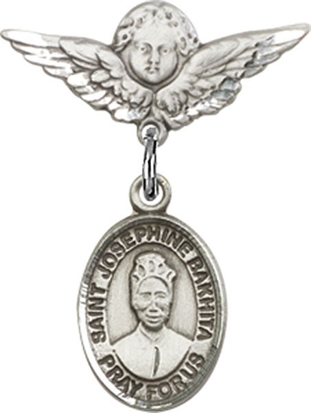 Sterling Silver Baby Badge with St. Josephine Bakhita Charm and Angel w/Wings Badge Pin