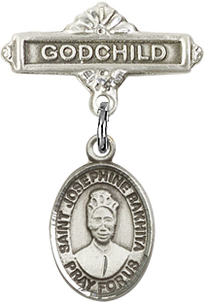 Sterling Silver Baby Badge with St. Josephine Bakhita Charm and Godchild Badge Pin