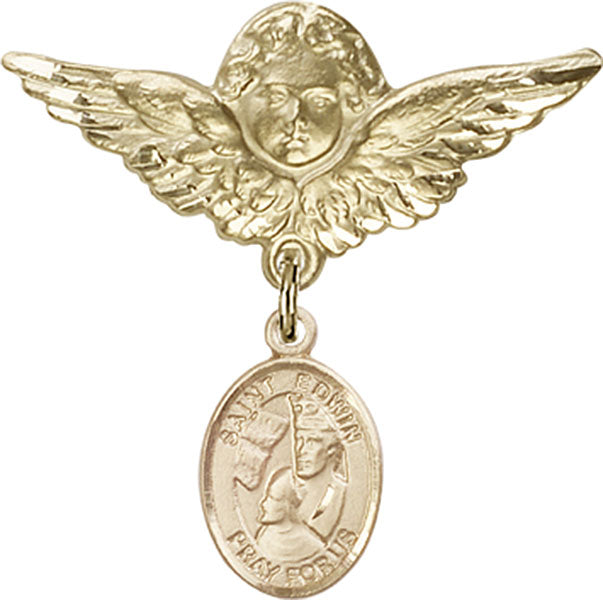 14kt Gold Filled Baby Badge with St. Edwin Charm and Angel w/Wings Badge Pin