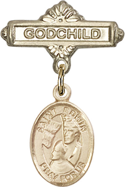 14kt Gold Baby Badge with St. Edwin Charm and Godchild Badge Pin