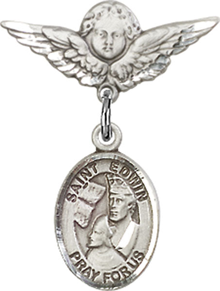 Sterling Silver Baby Badge with St. Edwin Charm and Angel w/Wings Badge Pin
