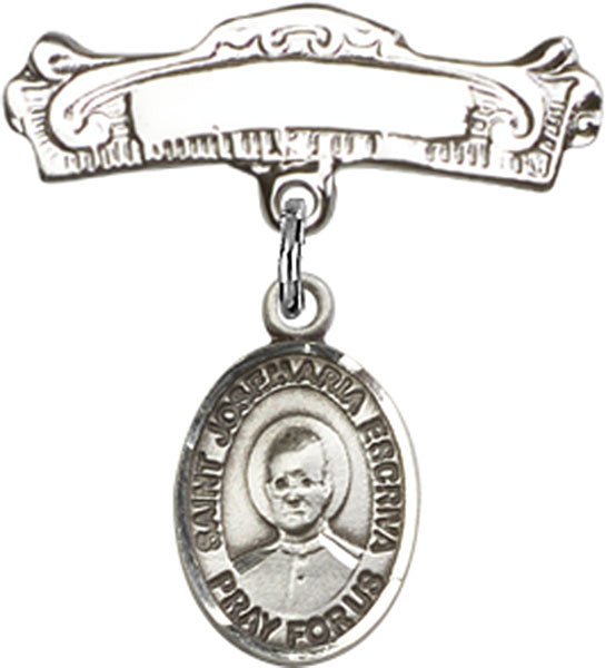 Sterling Silver Baby Badge with St. Josemaria Escriva Charm and Arched Polished Badge Pin