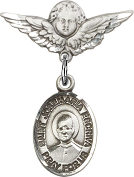 Sterling Silver Baby Badge with St. Josemaria Escriva Charm and Angel w/Wings Badge Pin