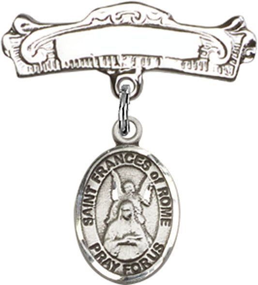 Sterling Silver Baby Badge with St. Frances of Rome Charm and Arched Polished Badge Pin